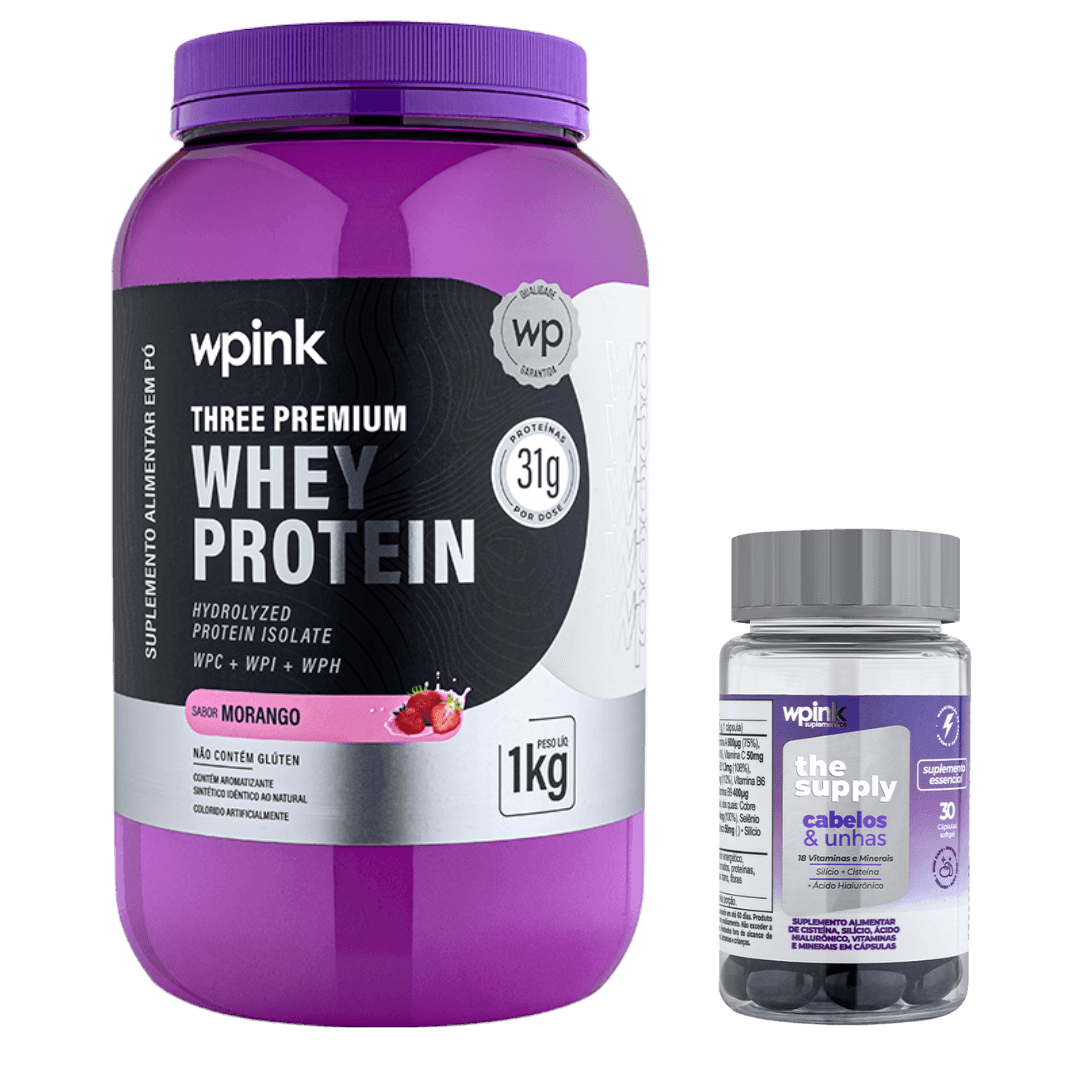 Whey protein 3W morango 3W 1kg + cabelos e unhas