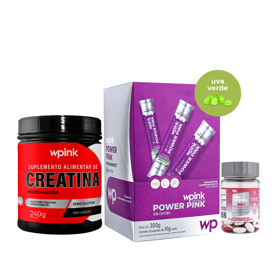 Pré-treino sem cafeina uva verde + creatina sem sabor + ácido hialurônico