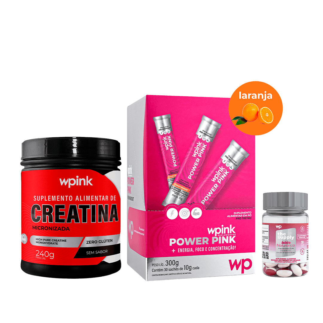 Pré-treino de laranja + creatina sem sabor + ácido hialurônico